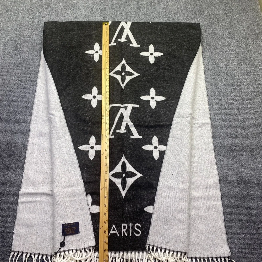 Louis Vuitton Monogram Scarf Black Silver Silk Wool M75748 MR0135 Made in Italy